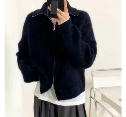 Stand Collar Ribbed Zip Cardigan