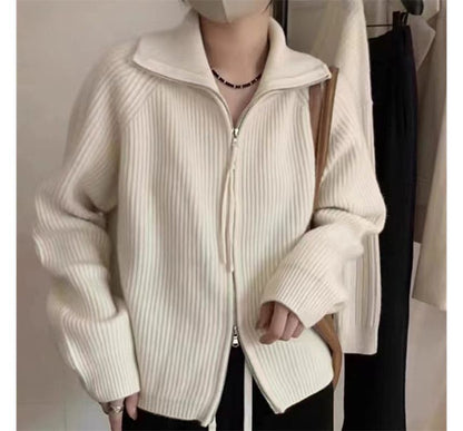 Stand Collar Ribbed Zip Cardigan