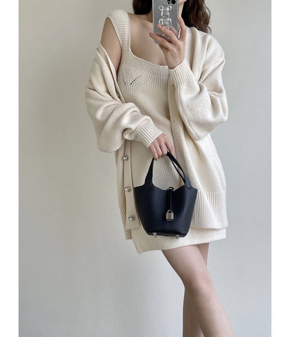 Square Neck Sheath Dress & Pearl Button Cardigan Set