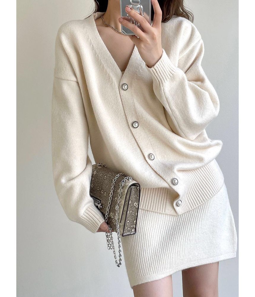 Square Neck Sheath Dress & Pearl Button Cardigan Set