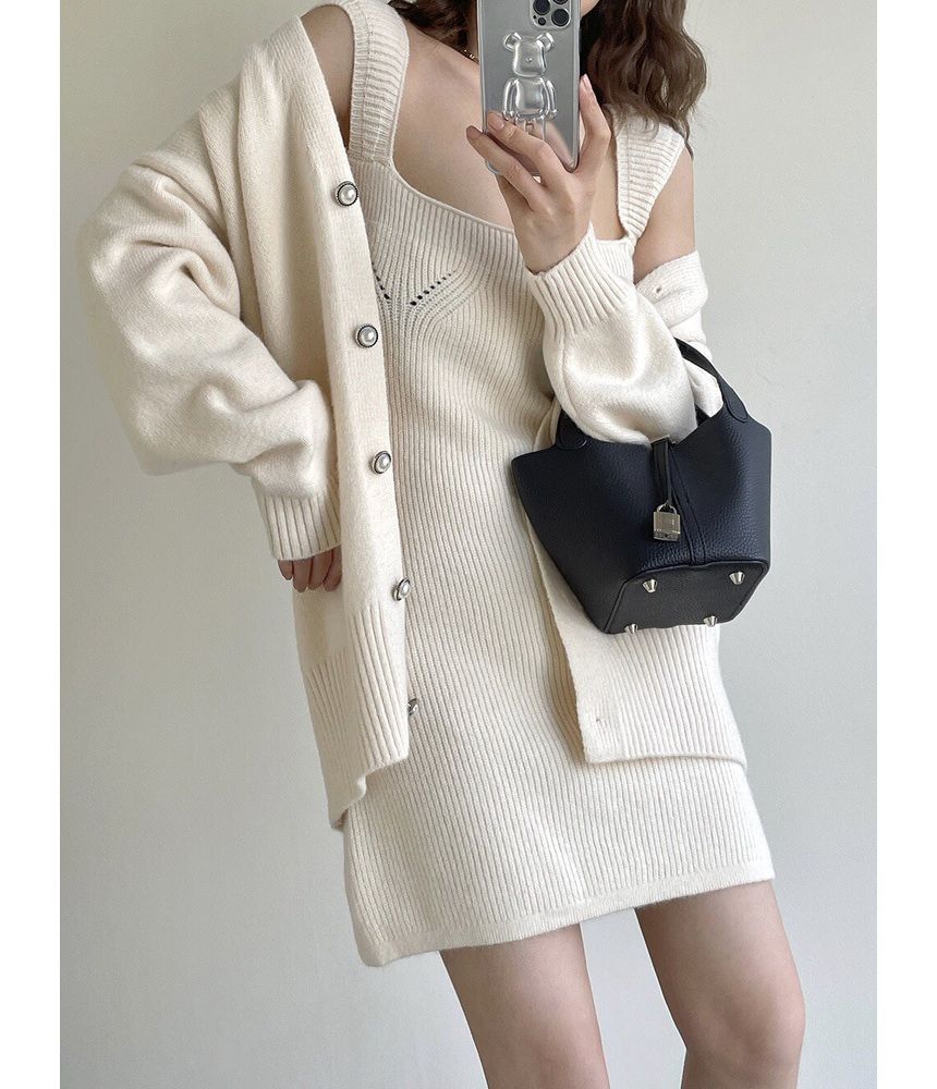 Square Neck Sheath Dress & Pearl Button Cardigan Set