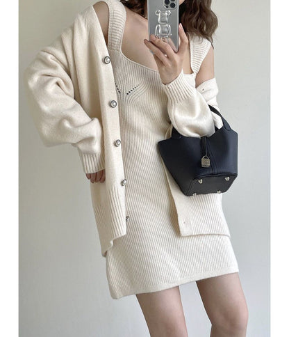 Square Neck Sheath Dress & Pearl Button Cardigan Set