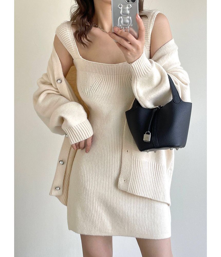 Square Neck Sheath Dress & Pearl Button Cardigan Set