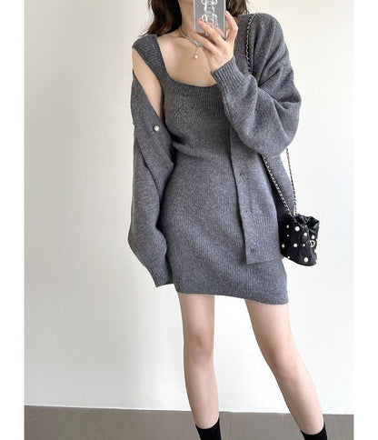 Square Neck Sheath Dress & Pearl Button Cardigan Set