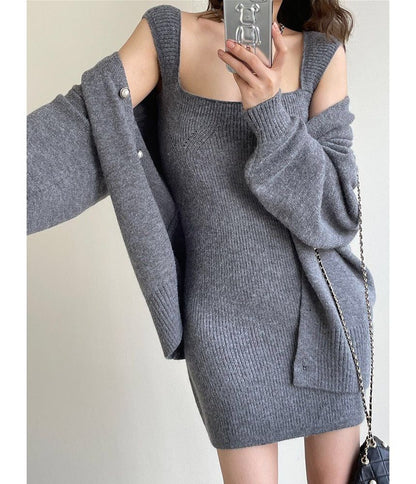 Square Neck Sheath Dress & Pearl Button Cardigan Set