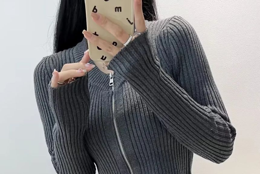 Crop Ribbed Zip-Up Cardigan Long Sleeve