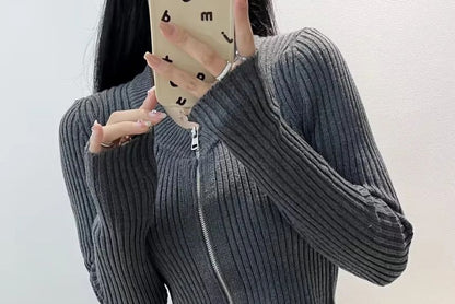 Crop Ribbed Zip-Up Cardigan Long Sleeve