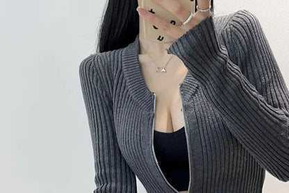 Crop Ribbed Zip-Up Cardigan Long Sleeve