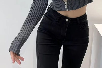 Crop Ribbed Zip-Up Cardigan Long Sleeve