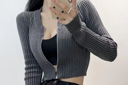Crop Ribbed Zip-Up Cardigan Long Sleeve