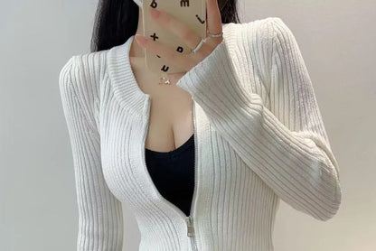 Crop Ribbed Zip-Up Cardigan Long Sleeve