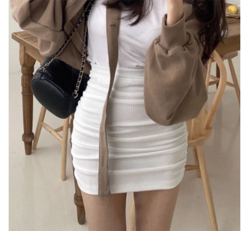 High-Rise Ruched Mini Pencil Skirt in Solid Fabric