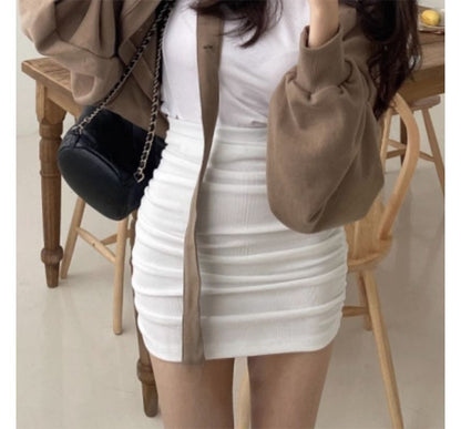 High-Rise Ruched Mini Pencil Skirt in Solid Fabric