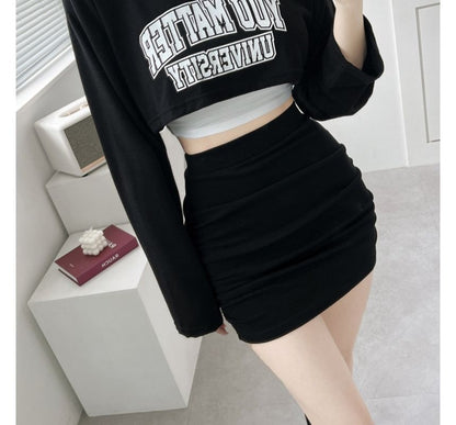 High-Rise Ruched Mini Pencil Skirt in Solid Fabric