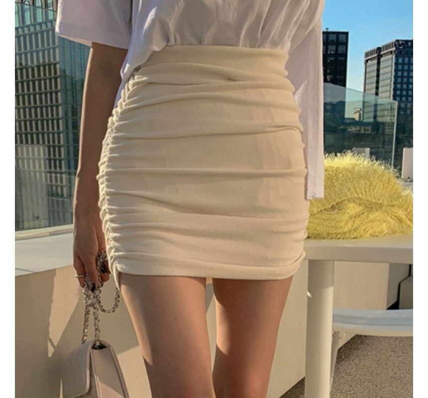 High-Rise Ruched Mini Pencil Skirt in Solid Fabric