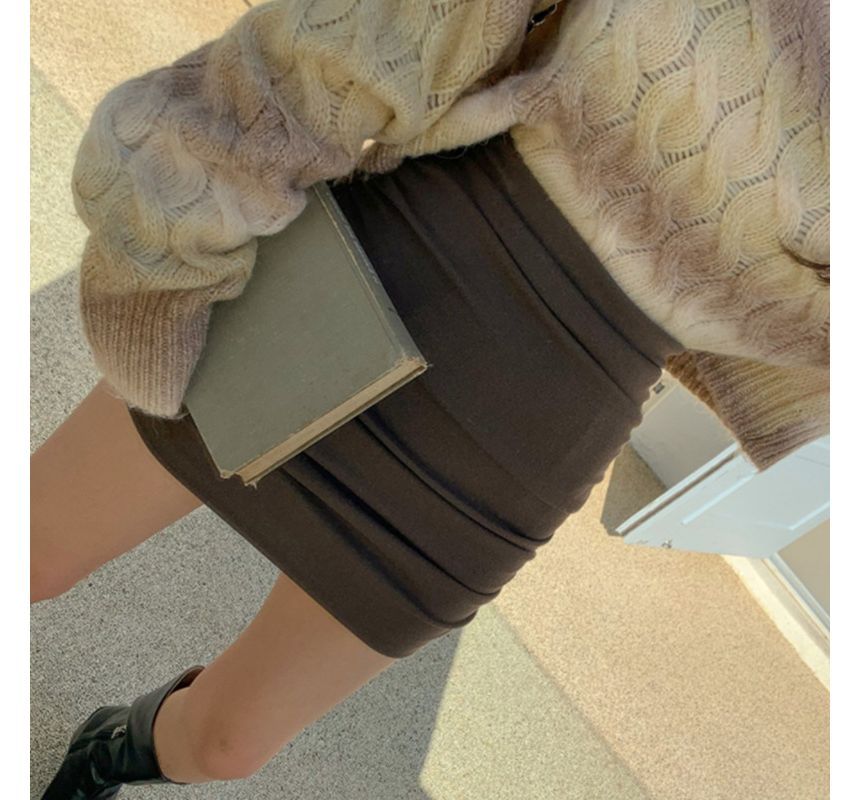 High-Rise Ruched Mini Pencil Skirt in Solid Fabric