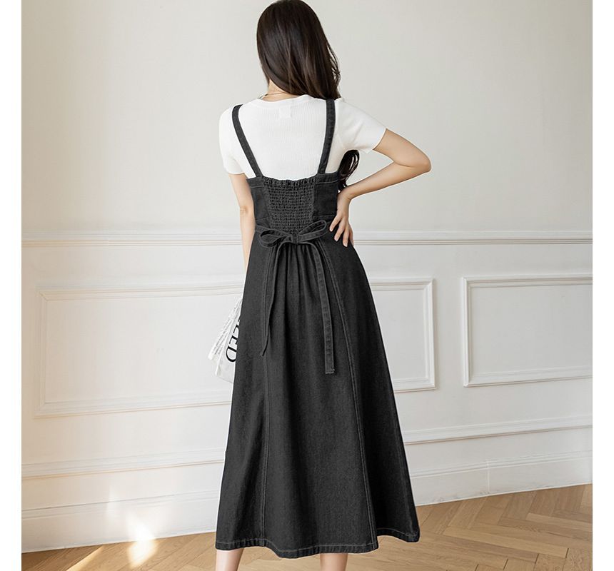 Thin Strap Denim Overall Midi A-Line Dress