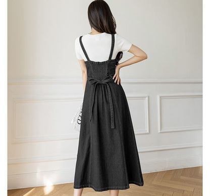 Thin Strap Denim Overall Midi A-Line Dress