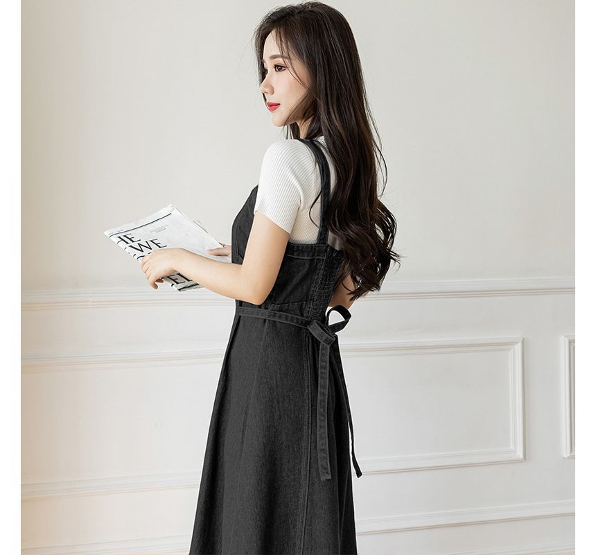 Thin Strap Denim Overall Midi A-Line Dress