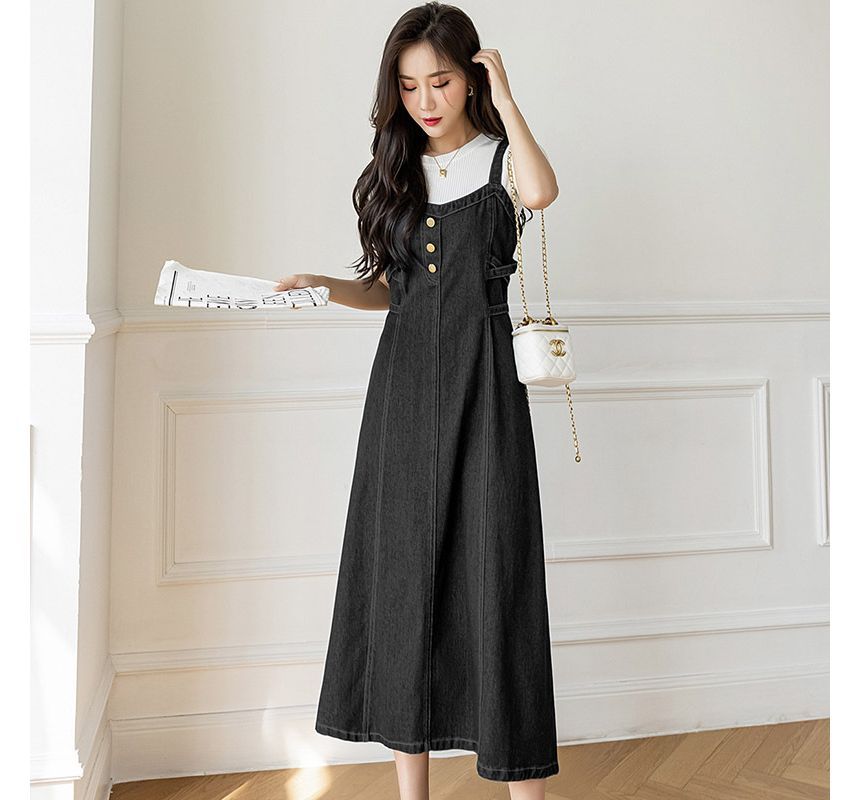 Thin Strap Denim Overall Midi A-Line Dress