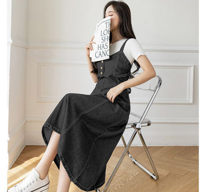 Thin Strap Denim Overall Midi A-Line Dress