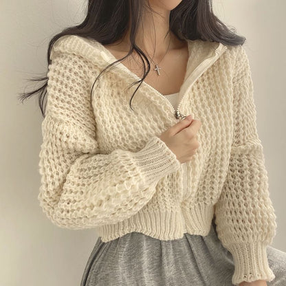 Hooded Zip-Up Crochet Cardigan Long Sleeve