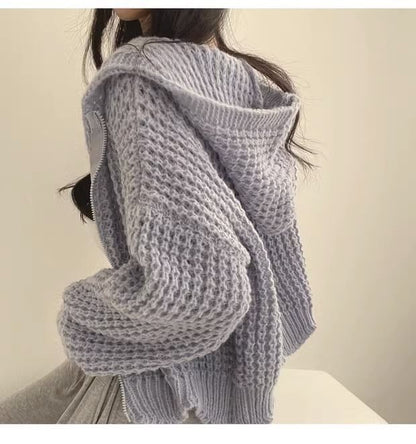 Hooded Zip-Up Crochet Cardigan Long Sleeve