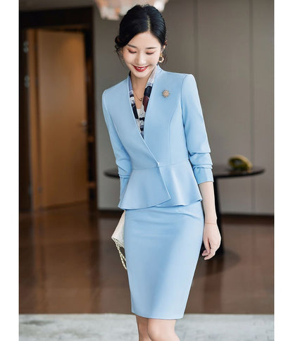 V-Neck Single-Button Blazer with Straight-Leg Trousers and Pencil Skirt Ensemble