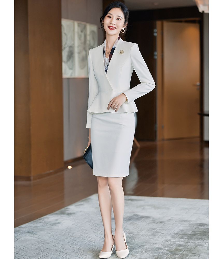 V-Neck Single-Button Blazer with Straight-Leg Trousers and Pencil Skirt Ensemble