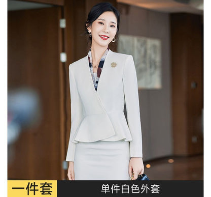 V-Neck Single-Button Blazer with Straight-Leg Trousers and Pencil Skirt Ensemble