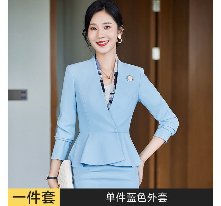 V-Neck Single-Button Blazer with Straight-Leg Trousers and Pencil Skirt Ensemble