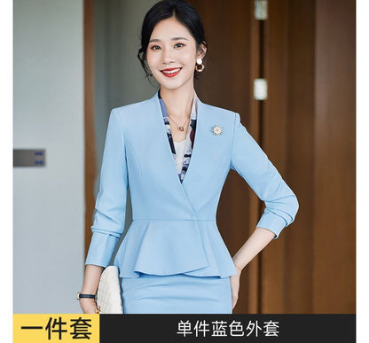 V-Neck Single-Button Blazer with Straight-Leg Trousers and Pencil Skirt Ensemble