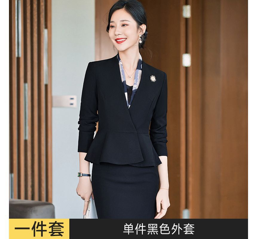 V-Neck Single-Button Blazer with Straight-Leg Trousers and Pencil Skirt Ensemble