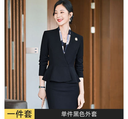 V-Neck Single-Button Blazer with Straight-Leg Trousers and Pencil Skirt Ensemble