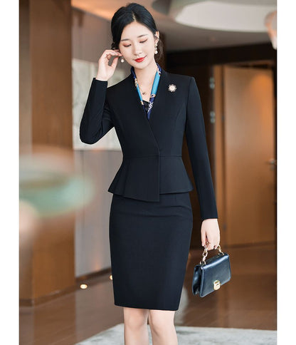 Collarless Single-Breasted Blazer with Dress Pants and Pencil Skirt Set
