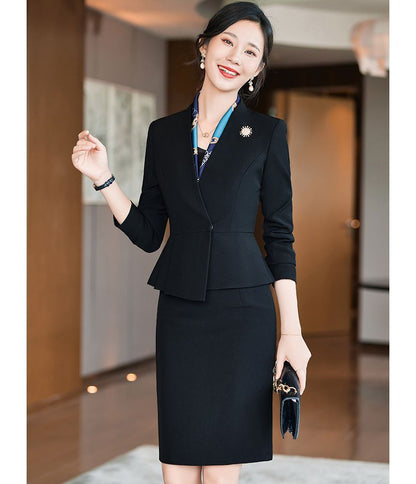 Collarless Single-Breasted Blazer with Dress Pants and Pencil Skirt Set
