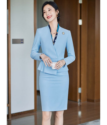 Collarless Single-Breasted Blazer with Dress Pants and Pencil Skirt Set