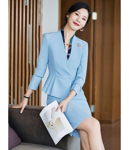 Collarless Single-Breasted Blazer with Dress Pants and Pencil Skirt Set