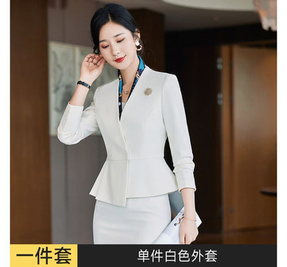 Collarless Single-Breasted Blazer with Dress Pants and Pencil Skirt Set