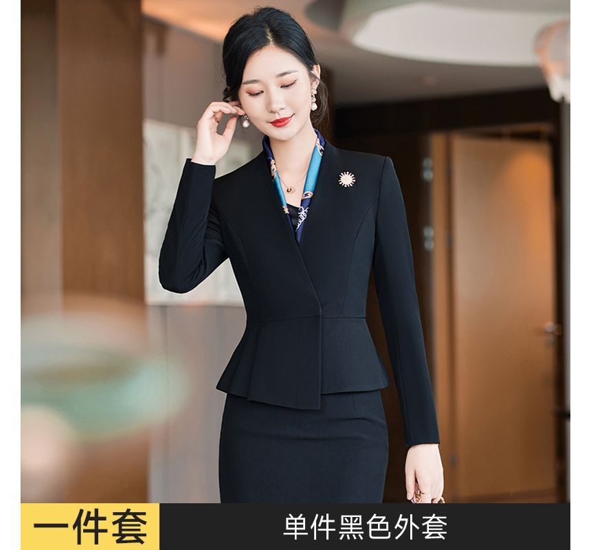 Collarless Single-Breasted Blazer with Dress Pants and Pencil Skirt Set