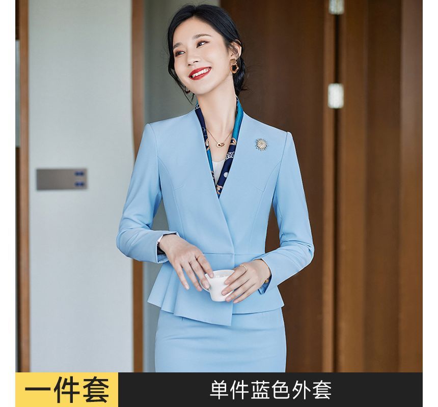 Collarless Single-Breasted Blazer with Dress Pants and Pencil Skirt Set