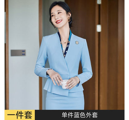 Collarless Single-Breasted Blazer with Dress Pants and Pencil Skirt Set