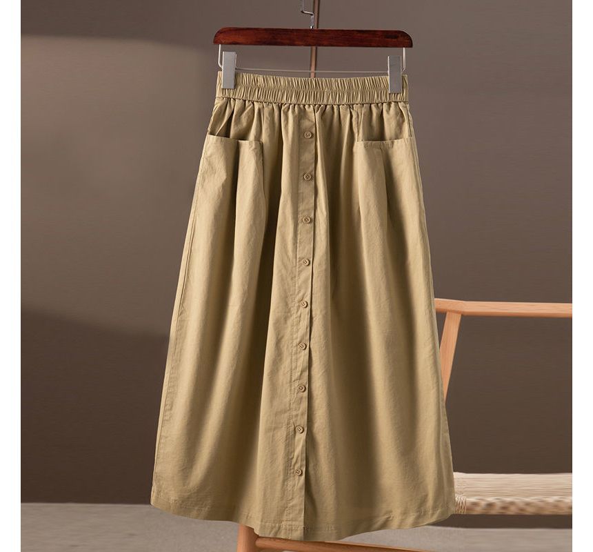 Stretch-Waist Buttoned A-Line Midi Skirt with Clean Lines