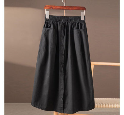 Stretch-Waist Buttoned A-Line Midi Skirt with Clean Lines