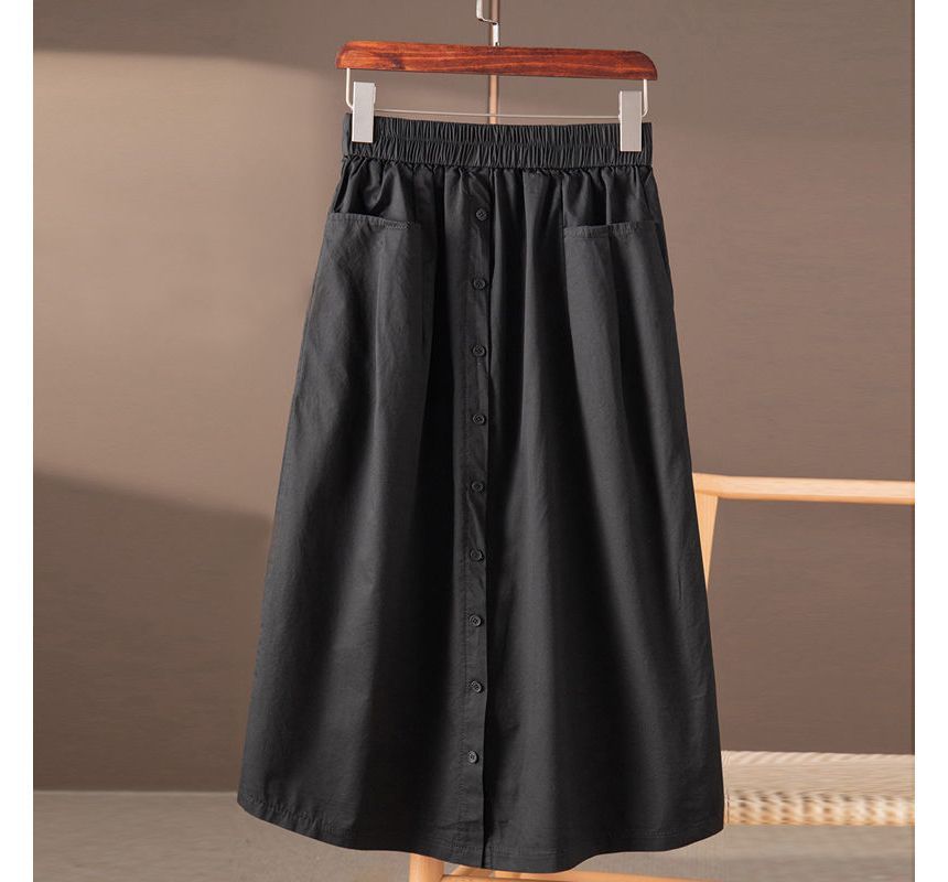 Stretch-Waist Buttoned A-Line Midi Skirt with Clean Lines