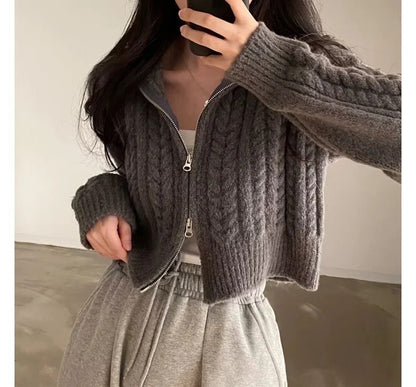 Cable-Knit Zip-Up Cardigan Long Sleeve