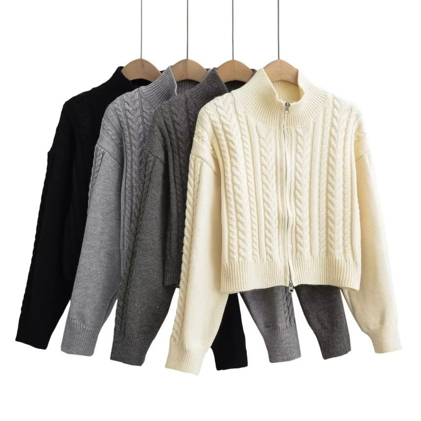 Cable-Knit Zip-Up Cardigan Long Sleeve