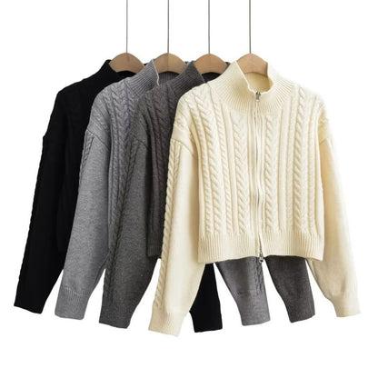 Cable-Knit Zip-Up Cardigan Long Sleeve