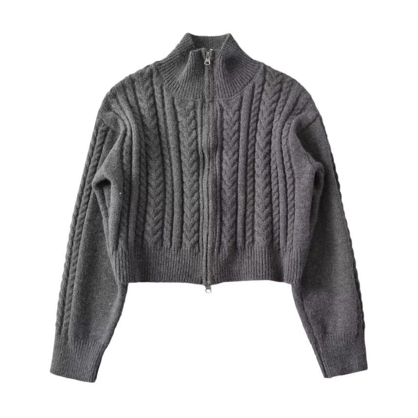 Cable-Knit Zip-Up Cardigan Long Sleeve