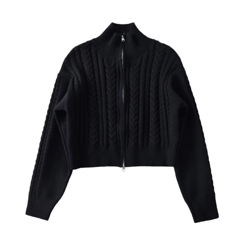 Cable-Knit Zip-Up Cardigan Long Sleeve